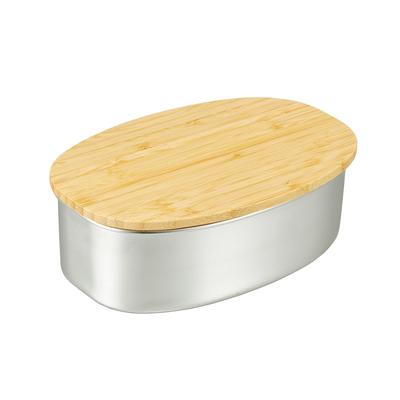 Nonoji Stainless Steel Lunch Box Oval Microwave Dishwasher Safe Stylish and Simple Lunch Box Natural Wood Lid Silver