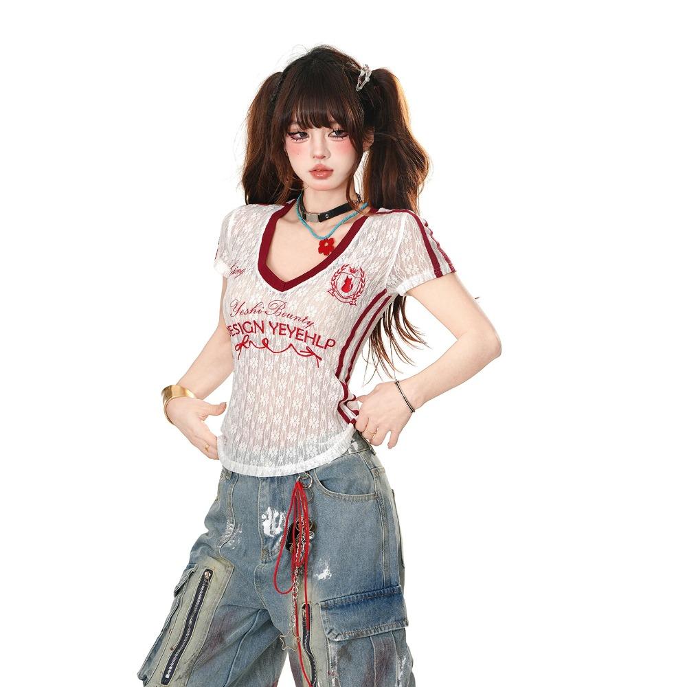 V-neck Micro Transparent Lace Embroidery T-shirt Women's Short Sleeved Top Y2k Aesthetic Top