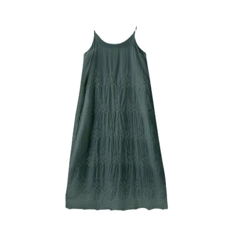 Spring/summer Day Mori Woman Fresh Sweet Solid Color Dress Embroidered Loose Waist with Waistband Base Long Dress
