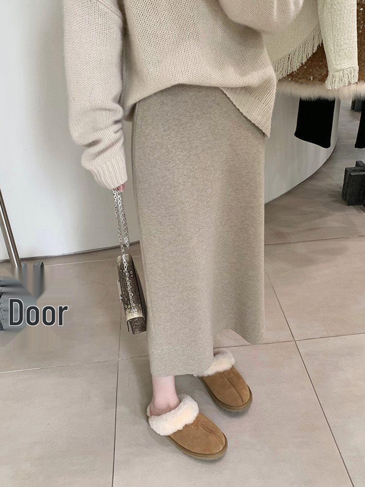 Women's Spring Soft Drape Knit Midi Skirt: High-Waist, Hip-Hugging, A-Line