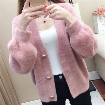 Cardigan din cașmir, imitație de nurcă de modă coreeană, pentru femei, cardigan tricotat din catifea, haină, pulover scurt, liber, alb, roz
