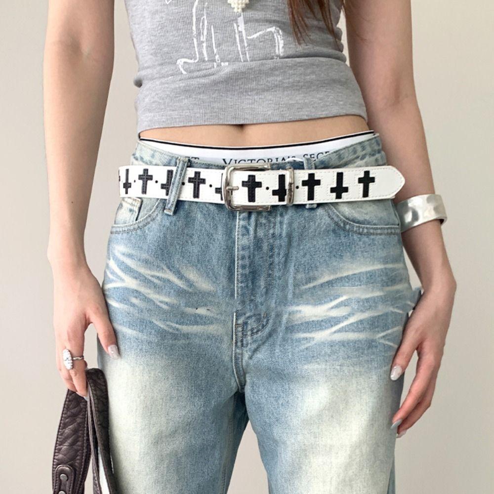 Gothic Punk Belt PU Leather Y2K Belt Fashion Cross Shaped Belt  Jeans Accessories