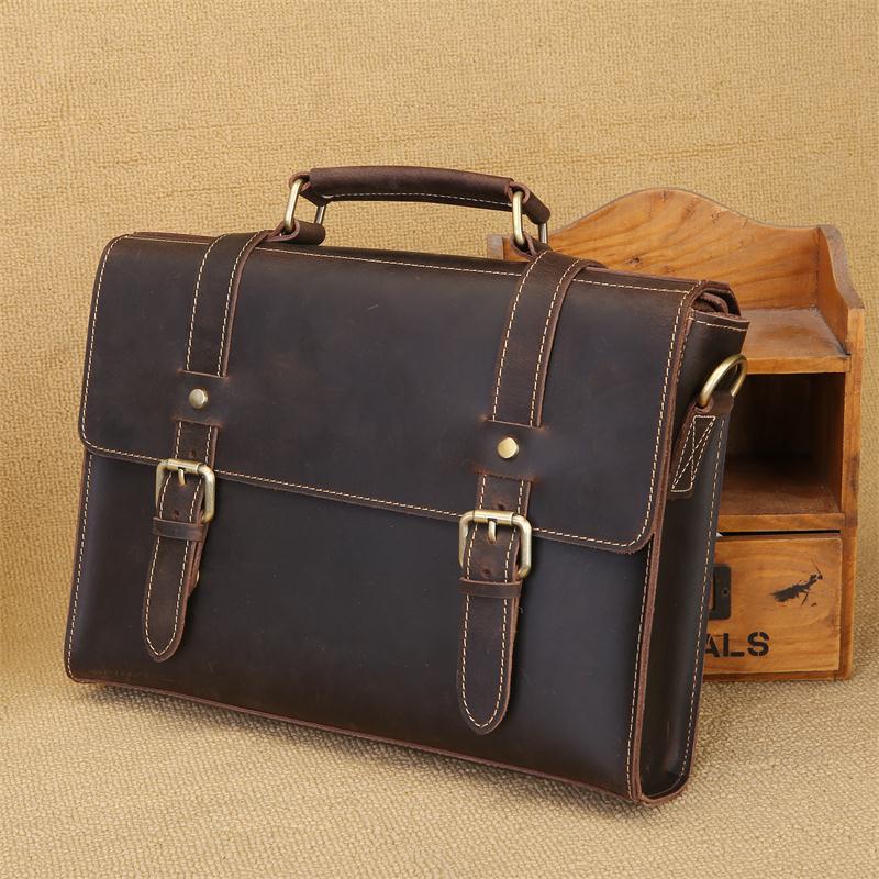Genuine Crazy Horse Leather Men's Briefcase and Crossbody Bag