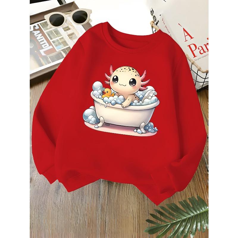 Kids Unisex Pink Crewneck Sweatshirt, Cute Axolotl Bathing With Rubber Duck And Bubbles Cartoon Print, Sweatshirt for Boys Girls Over 4 Years Old