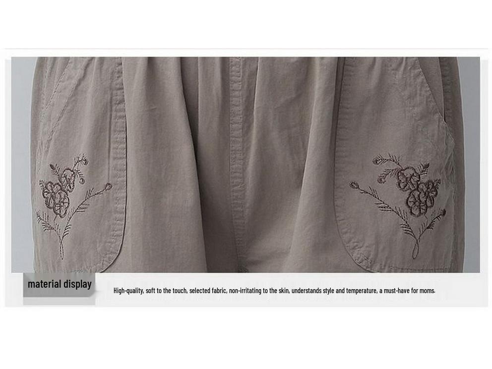 Mom's Cotton Embroidered Nine-Point Pants for Seniors, Casual Straight-Leg Pants for Spring & Autumn