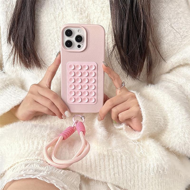 Suction Cup Stand Litchi Pattern Phone Case For iPhone 17 16 15 14 13 12 11 Pro Max X XS XR With Lanyard Rope Soft Bumper Cover