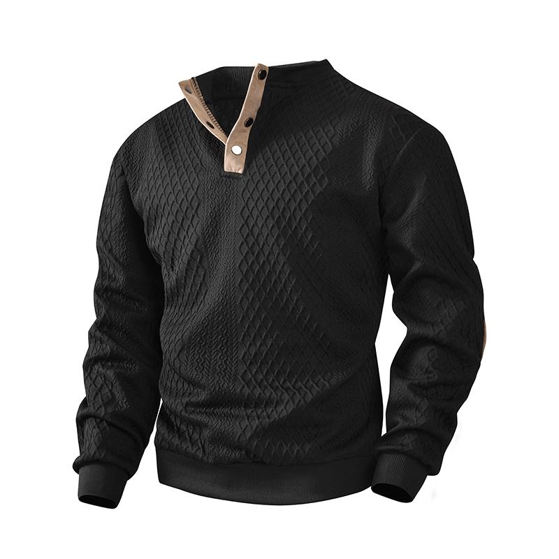 Diamond Cross Pattern Long Sleeved T-shirt for Spring, Half Cardigan, Single Breasted Sweatshirt, Men's Color Blocked V-neck Top