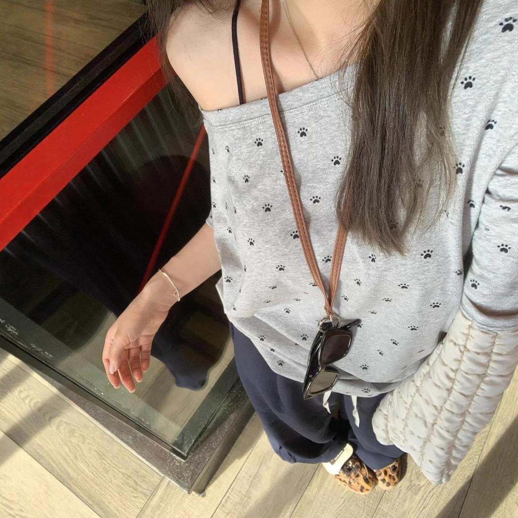 Dog Paw Full Print One-word Slanted Shoulder Short-sleeved T-shirt Women's Summer New Design Sense Niche Chic Sweet and Spicy Top