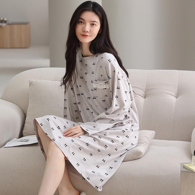 Damen Süßer Stil Langarm Mittellang Baumwoll-Nachthemd für Herbst