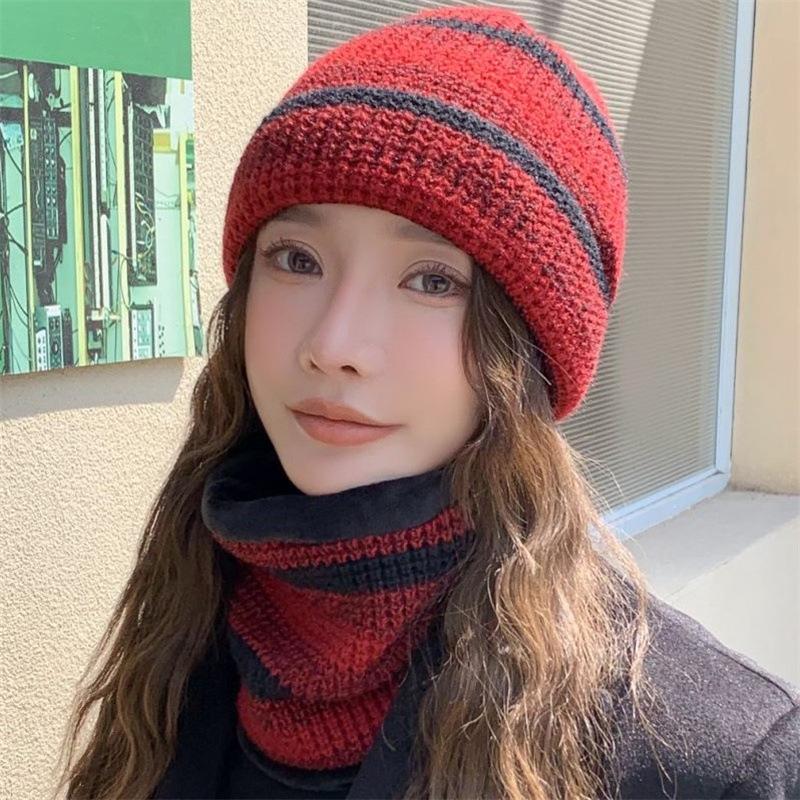 Hat Women's Winter Warm Hat Color Matching Knitted Wool Hat Thickened Scarf Set Outdoor Sports Hat
