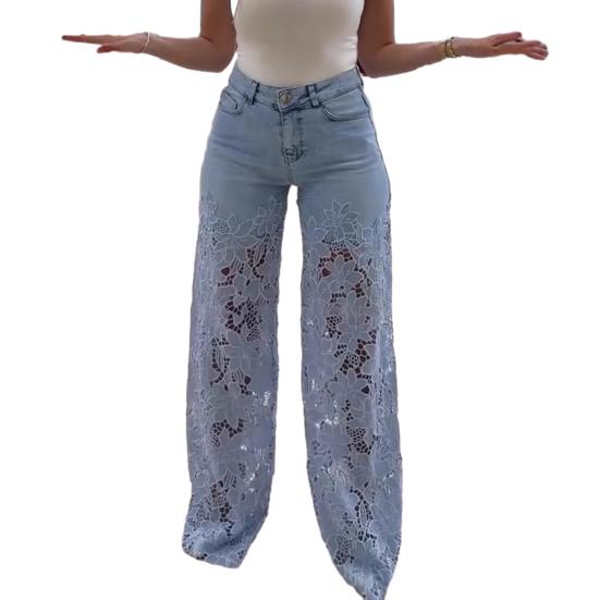 Casual Baggy Wide Leg Denim Pants with Lace Patchwork and Floral Hollow Out Design