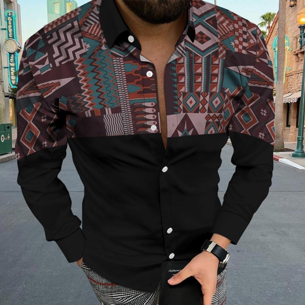 Ethnic Tribal Pattern Long Sleeve Shirt, Stylish Casual Button-Down For Men