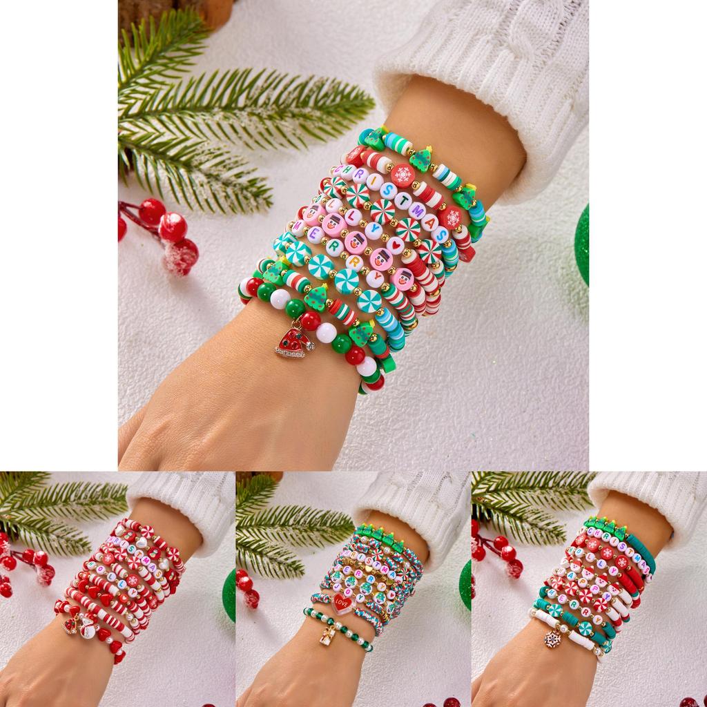 Holiday Christmas Snowman Santa Character Multilayer Beaded Wristband Gift Set For Celebrations
