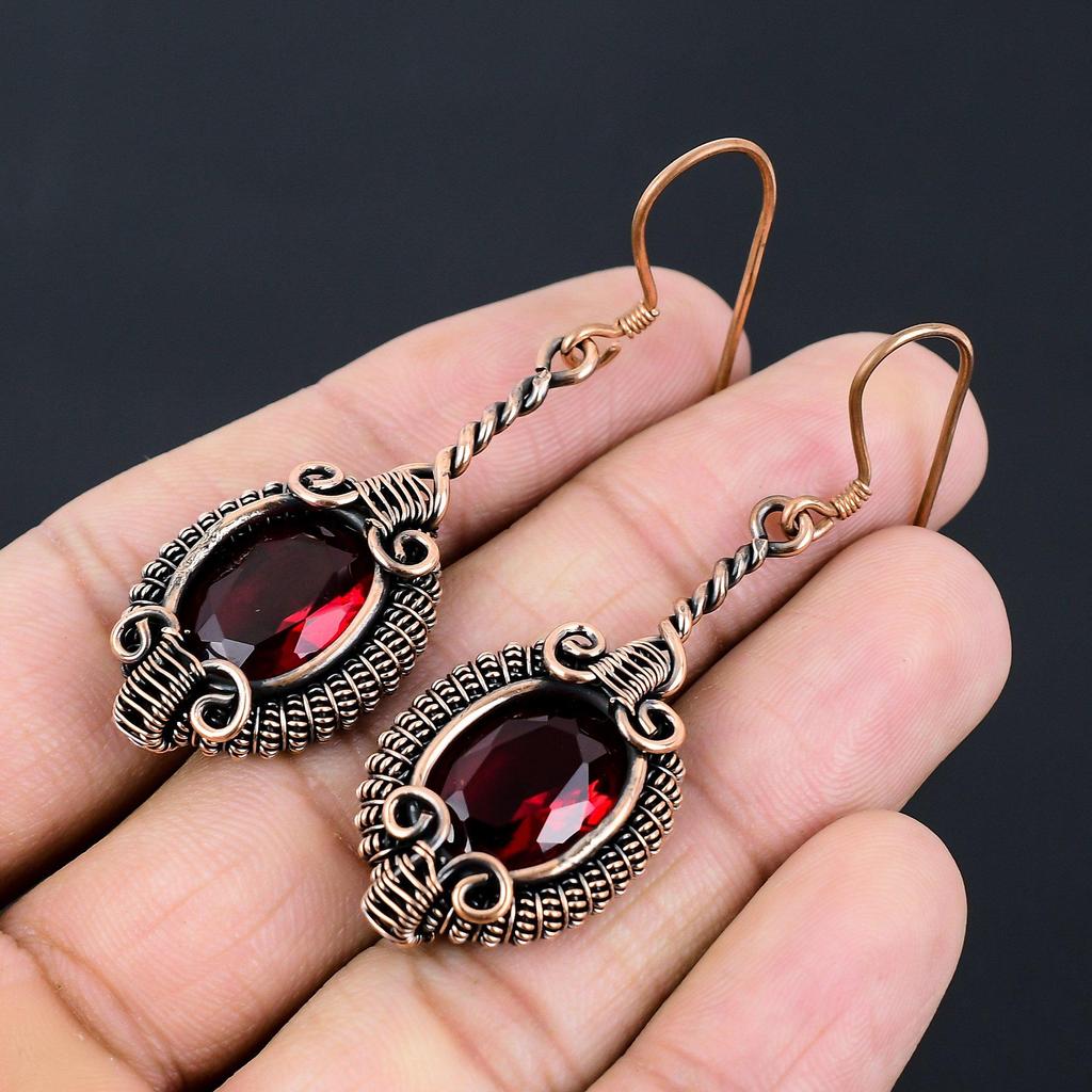 Garnet Gemstone Handmade Pure Copper Wire Wrapped Amazing Jewelry Earring