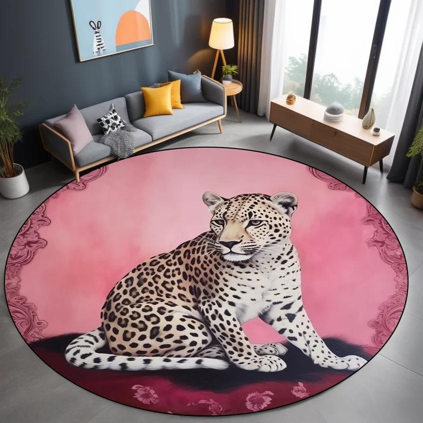 Leopard Pink Round Carpet Vintage Dressing Table Rug Washable Floor Mat for Living Room Bedroom Decor