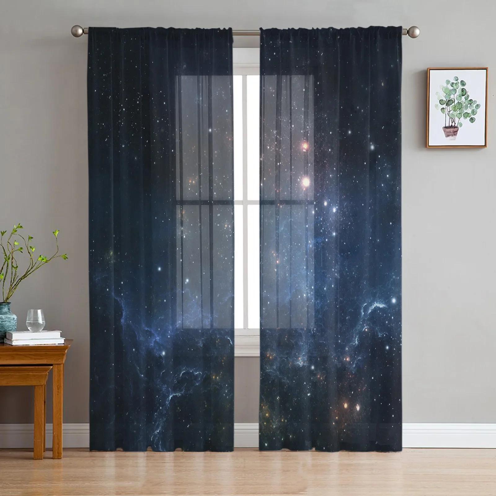 

Звездное небо Голубые прозрачные шторы для украшения гостиной Оконные шторы для кухни Тюль Вуаль Органза Шторы W135 x H115cm x1&Grommet Top