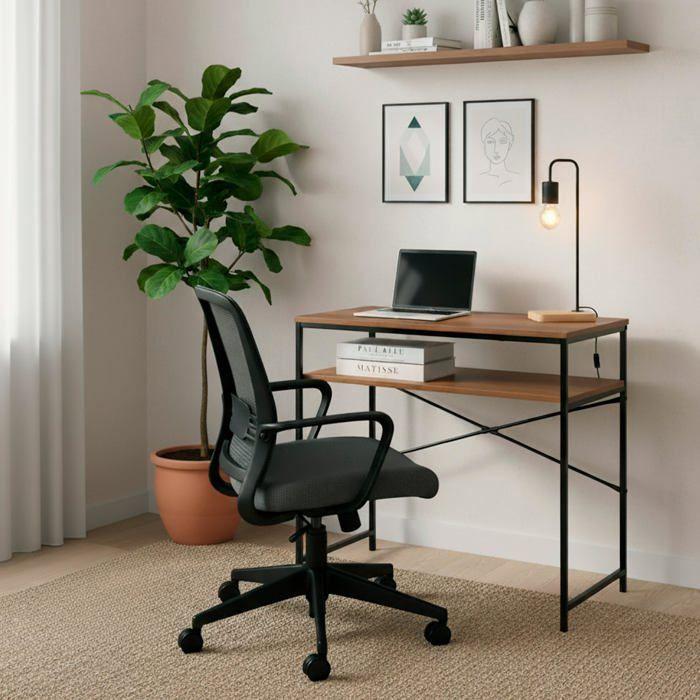 Bureau rectangulaire industriel - AKTIVE - 77x40x75 cm - Poids max 26 kg - Plateau en bois - Structure en acier noir