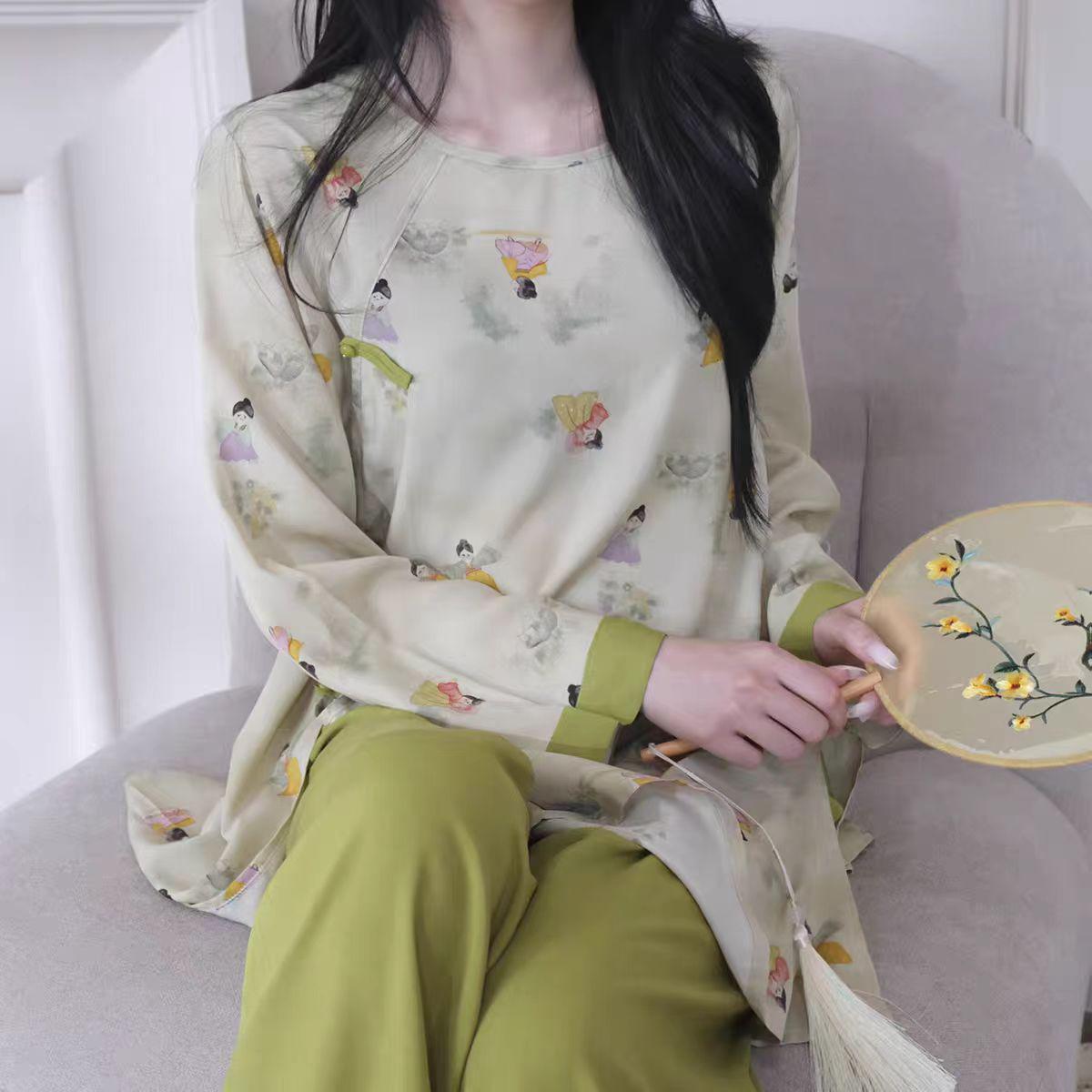 

Women s Spring & Autumn Lyocell Cotton Pajama Set - Chinese Style, Frog Button Top & Long Pants for Indoor/Outdoor Wear One Size (Fits 85-150)