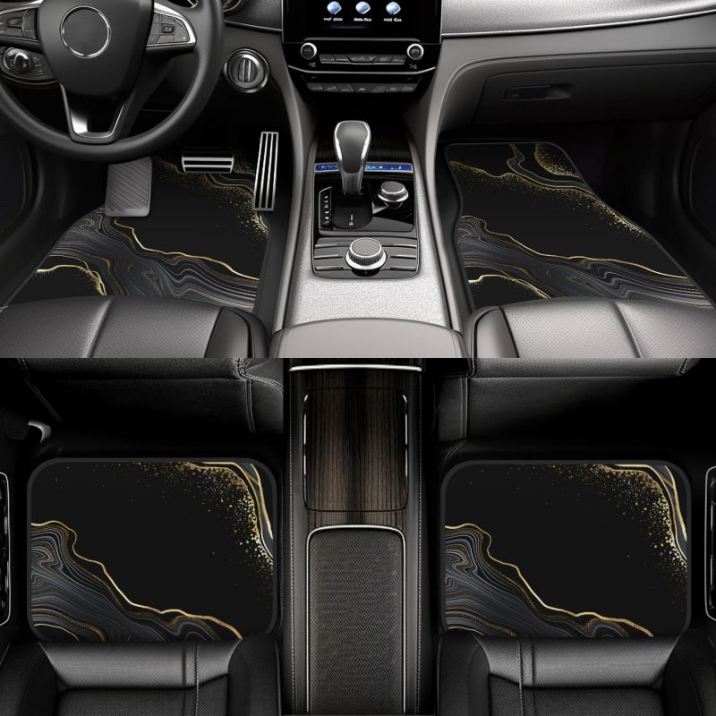 Abstract Black Gold Marble Car Floor Mats 4 Pieces Set Anti Slip Front and Rear Foot Mats Car Interior Accessories Universal