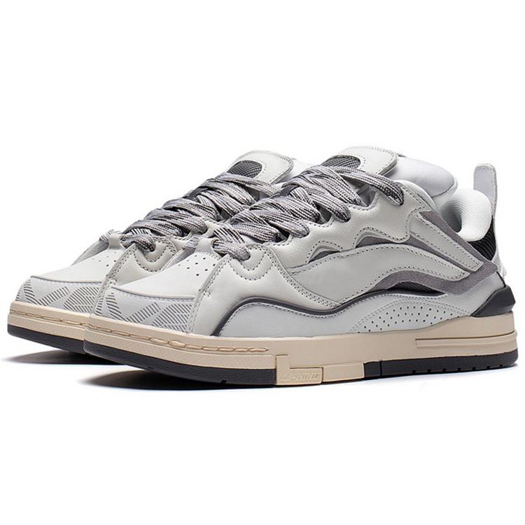 Li Ning Wave Golden Slip Resistant Cushioning Abrasion Resistant Lightweight Low Top Skateboard Shoes Men's White Gray AECS073-1
