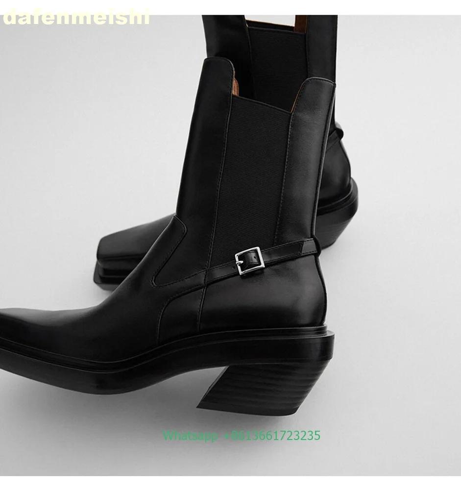 2025 Neue Cowboy-Stiefel mit quadratischer Spitze und hohen Absätzen, kurze Stiefel aus schwarzem/weißem Leder, Chelsea-Boots, Motorradstiefel aus echtem Leder