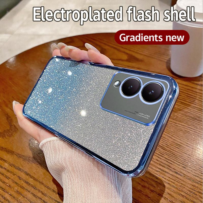 For Vivo Y17S 4G Case Vivo Y28 5G Phone Case Shiny Glitter Plating Silicone Camera Lens Soft Back Cover