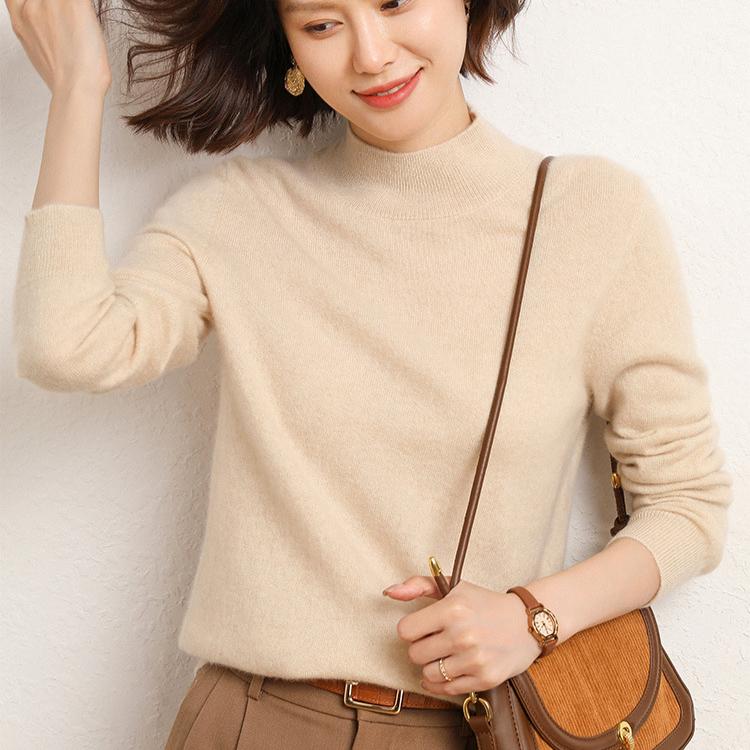 Halbhoher Pullover für Damen, einfarbiges Basishemd, Herbst- und Winter-Innenseite, weißes Oberteil, vielseitiger Pullover, langärmeliger Strickpullover