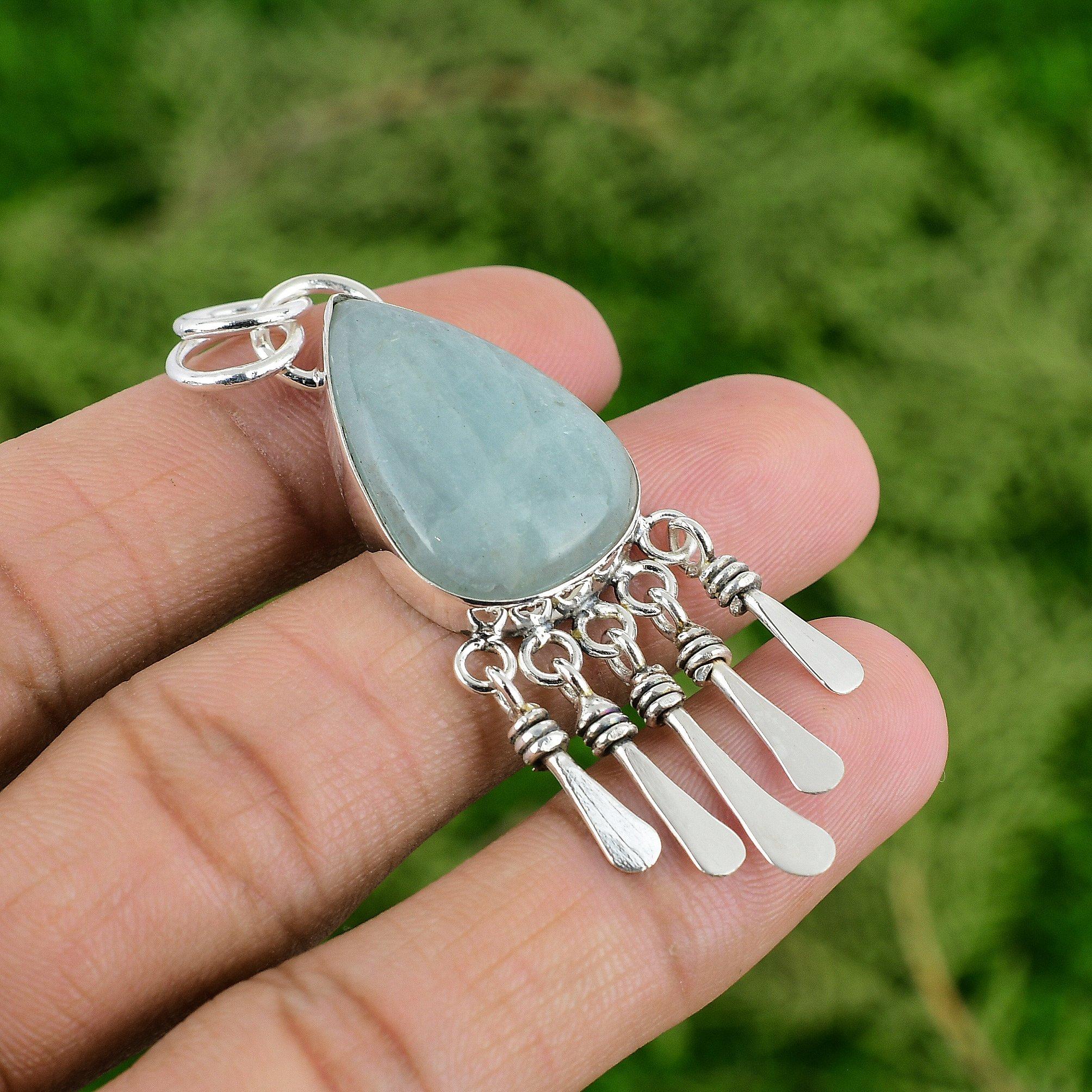 

March Birth Natural Aquamarine 925 Sterling Silver Bezel Trendy Pendant Jewelry