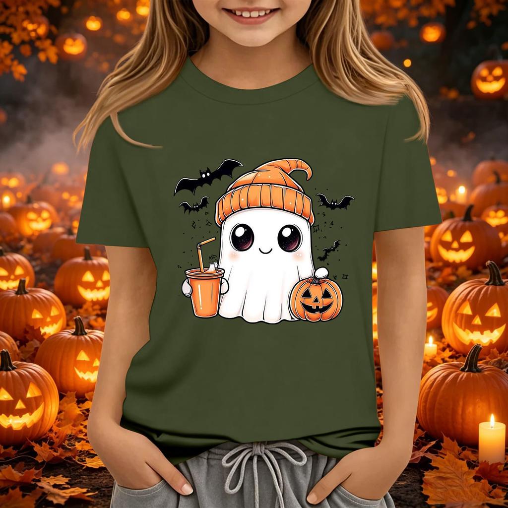 Kids' Halloween Printed Short Sleeve Neck T-Shirt, Loose Fit Top