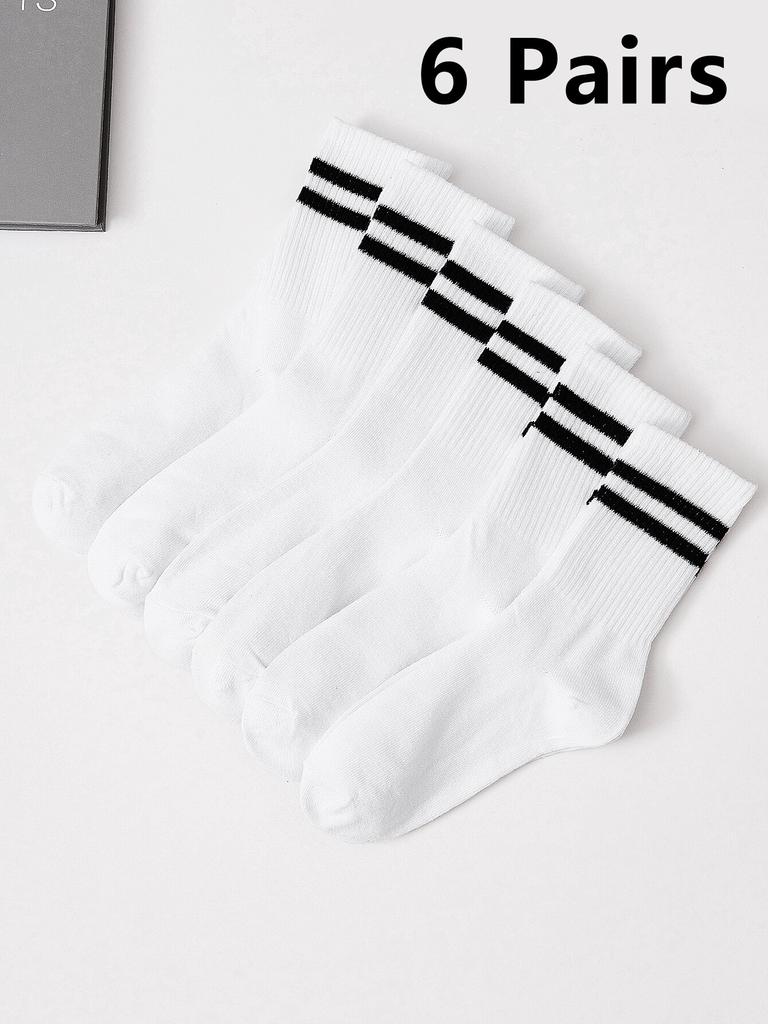 6 Pairs Women'S High Tube Mid Length Stockings Set In Pure Black And White With Parallel Bars Popular And Sweat Absorption