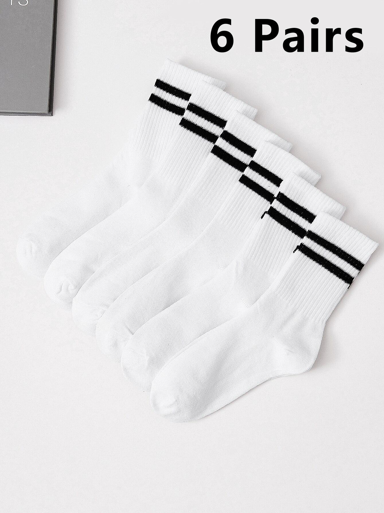 6 Paar Damen High-Tube Mittellange Strümpfe Set in Rein Schwarz und Weiß mit Parallelstreifen Beliebt und Schweißabsorbierend 35-39