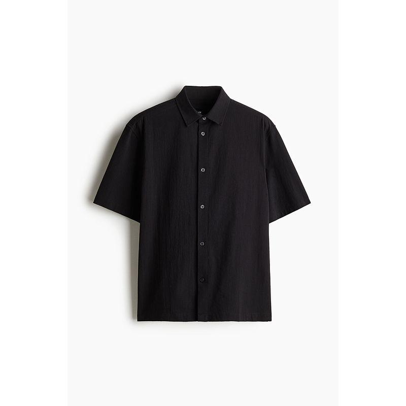 

HM Men s Shirt Fall 2025 New Arrival French Loose Standard Edition Texture Short Sleeve Shirt 1263304 Black 165/84