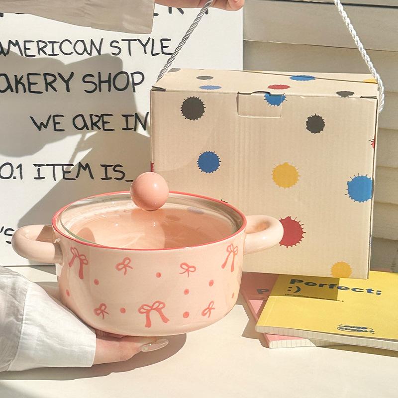 Girl's Heart Bow Binaural Ceramic Instant Noodle Bowl Student Dormitory Rice Bowl Large Capacity Microwave Oven Snail Powder Bowl
