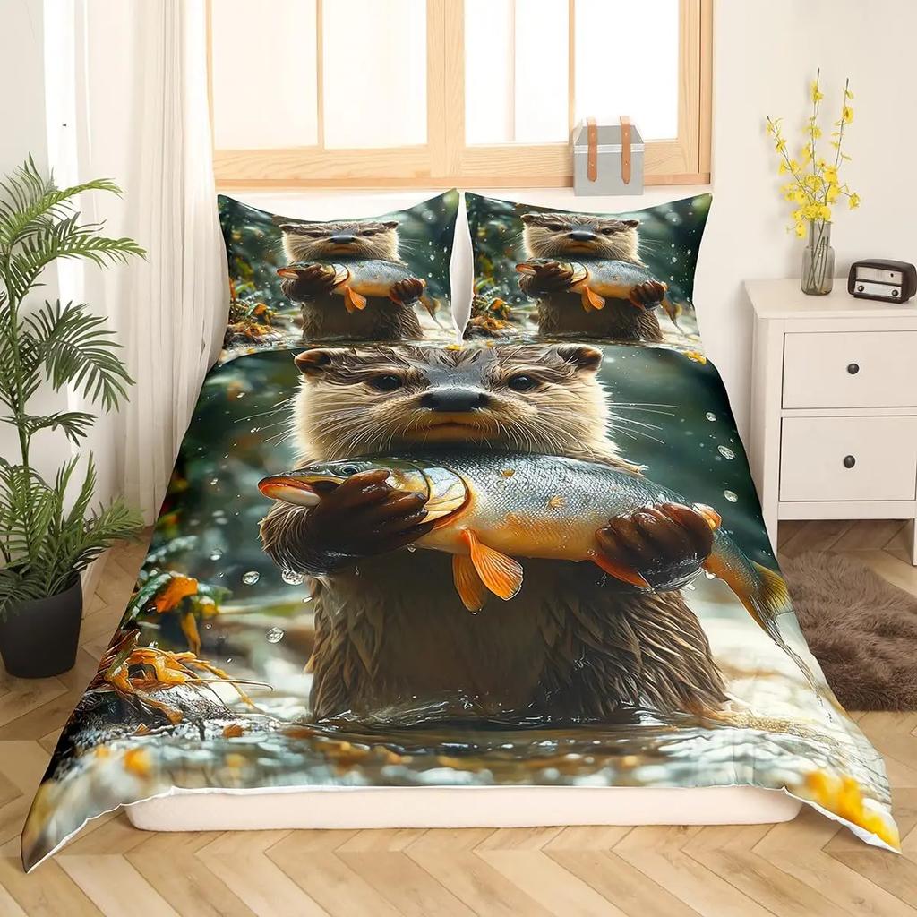 Cute Cartoon Animal Print Comforter Cover Sets Sea Otter Duvet Cover Set Ocean Creature Otter Toddler Soft Polyester Bedding Set