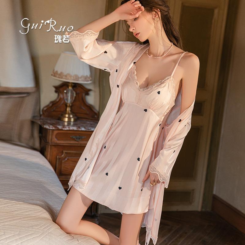 Women's Satin Stripe Heart Print Deep V Push Up Removable Pads Sleep Dress with Robe