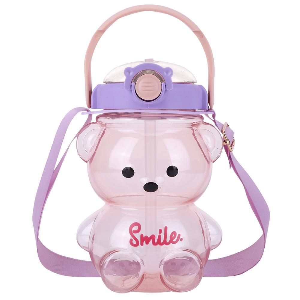 1000/1400ml Bear Water Bottle with Shoulder Strap Cute Bear Drinking Bottle Leak-Proof Travel Straw Cup for Boys Girls Daily Use