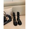 Rindsleder~ Gürtelschnalle Ritterstiefel Damen Leder Runde Spitze Dicksohlige Vielseitige Stiefel Mittelhohe Martinstiefel