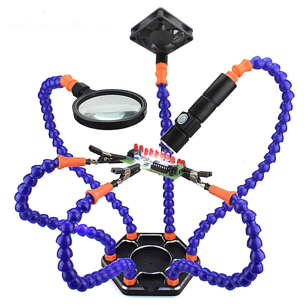 

Настольная паяльная станция с зажимом, 3-кратным USB-увеличителем и вентилятором, 6 гибких держателей для пайки печатных плат, сварочный ремонт, инструмент третьей руки синий