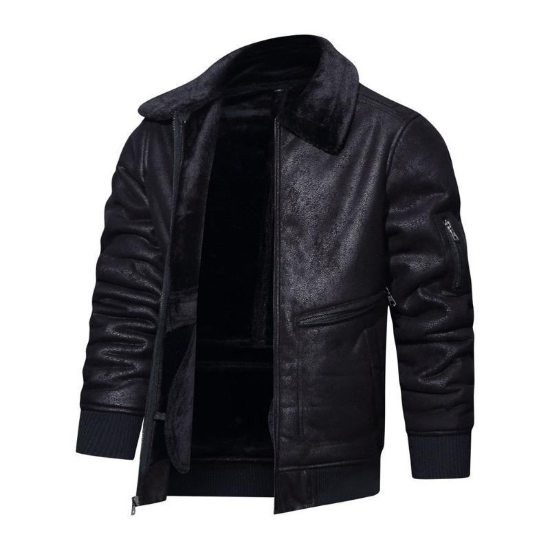 Men's Black Faux Leather Jacket Fur Collar Lined Warm Winter Bomber Coat