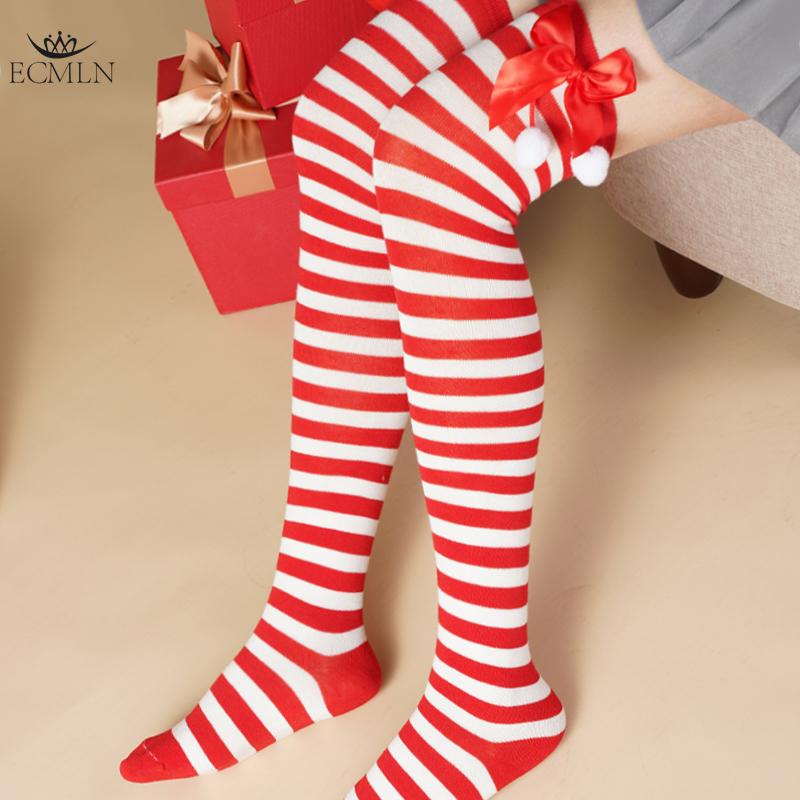 Calcetines navideños de algodón verde y rojo a rayas por encima de la rodilla con lazo, largos, 70 cm