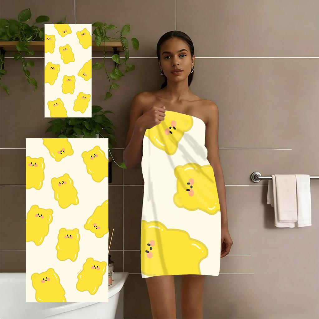 Cute Yellow Gummy Bear Beach Towel, Kawaii Cartoon Print Quick Dry Towel, for Swimming Pool, Travel, Camping and Daily Use