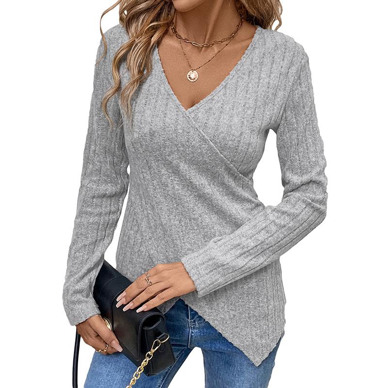 Herbst V-Ausschnitt Einfarbig Langärmlig Rippstrick Gebürstet V-Ausschnitt Damen Bluse Tops