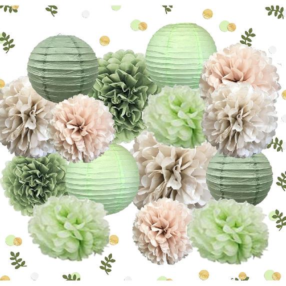 Mint Sage Green Party Decorations - Hanging Decors for Baby Bridal Wedding Shower Birthday Background with Paper Lanterns and Tissue Pom poms Gold