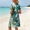 Women's Short Sleeve Floral Print Casual Dress Round Neck Waist Tie with Pockets Loose Fit Summer Dress