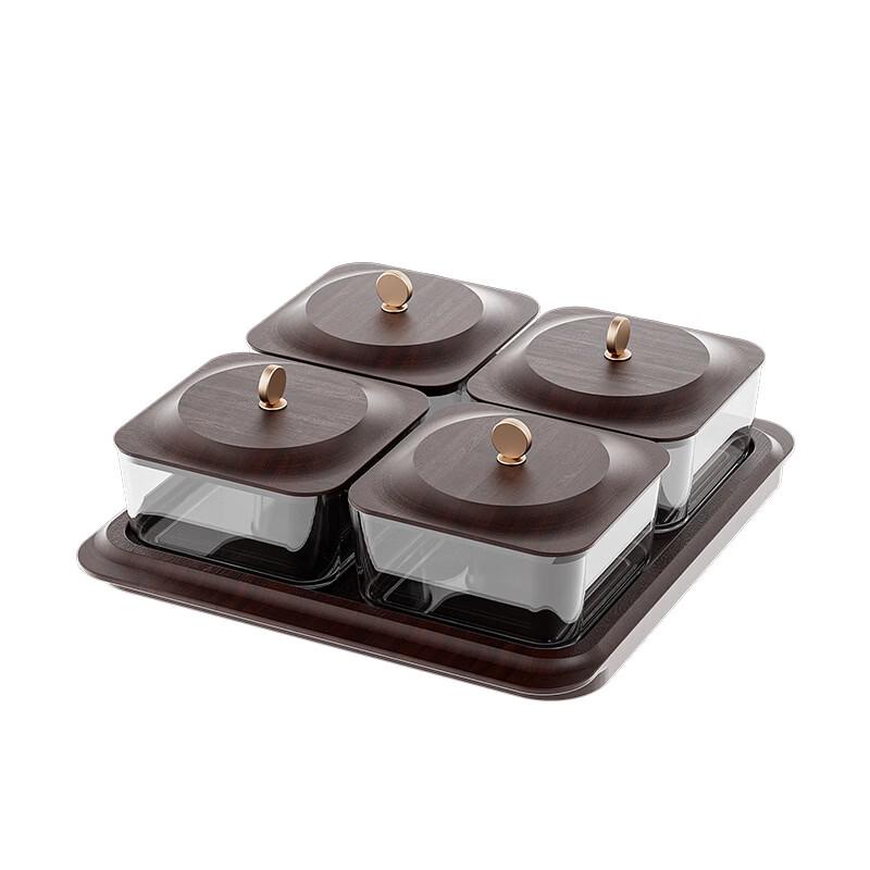Imitation Wood Grain 4-Compartment Snack Tray with Lid