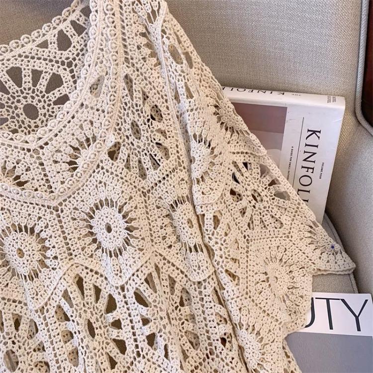 2024 Summer Women Lace Long Knitted Dress Casual Loose Sleeve Basic White Dress New Dimanaf Fashion