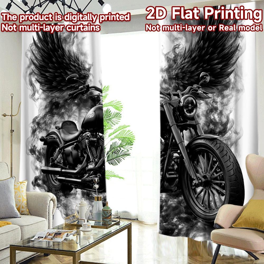 2D FLAT PRINTING 2pcs Curtains (Without Rod) Motorcycle with Black Popular Curtain Yarn Curtains Ramadan Perfect for Bedroom,