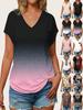 Top Feminino Europeu e Americano Plus Size com Decote em V Gradiente de Manga Curta - Caimento Casual Soltinho