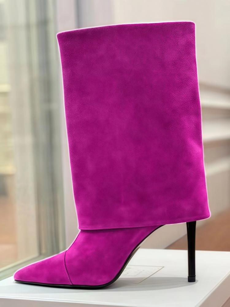 EU/US Suede Mid-Calf Boots - Pointed Toe Stiletto Heels Solid Color Over Pants Boots for Women Office Chic Winter Footwear