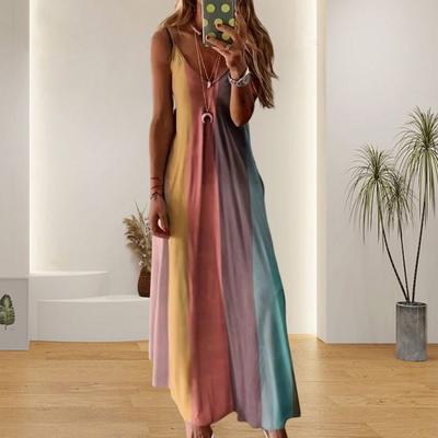 Yousheng Women's Spaghetti Strap Gradient Long Dresses Summer Casual V Neck Flowy Maxi Dress Loose Beach Sundress